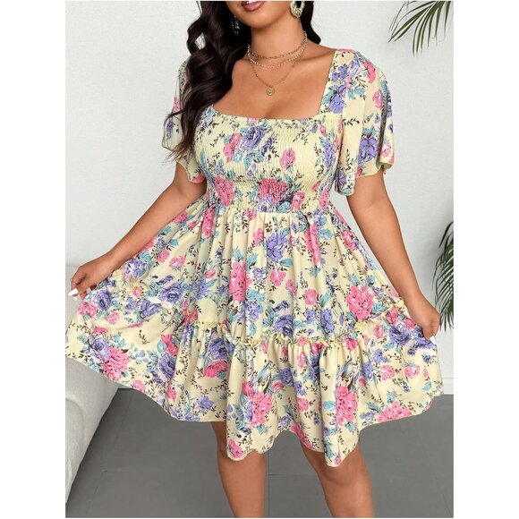 Plus Size Women's Boho Floral Ruffle Dress High Waisted A Line Vacation Wear - Picture 3 of 5
